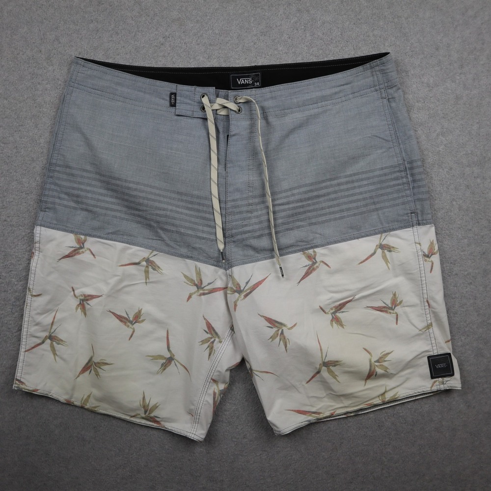 Vans Board Shorts Mens 34 Floral Bird of Paradise Grey White Striped Surf Swim